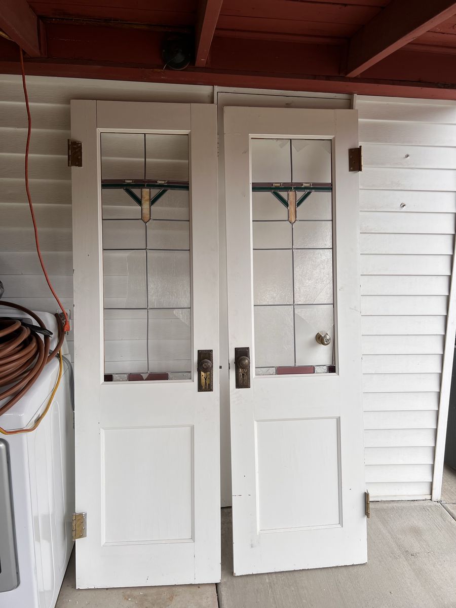 Vintage Craftsman White Wood & Stained Glass French Doors - Pair with Hardware, 24" x 80" each