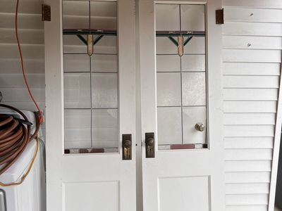 Vintage Craftsman White Wood & Stained Glass French Doors - Pair with Hardware, 24" x 80" each
