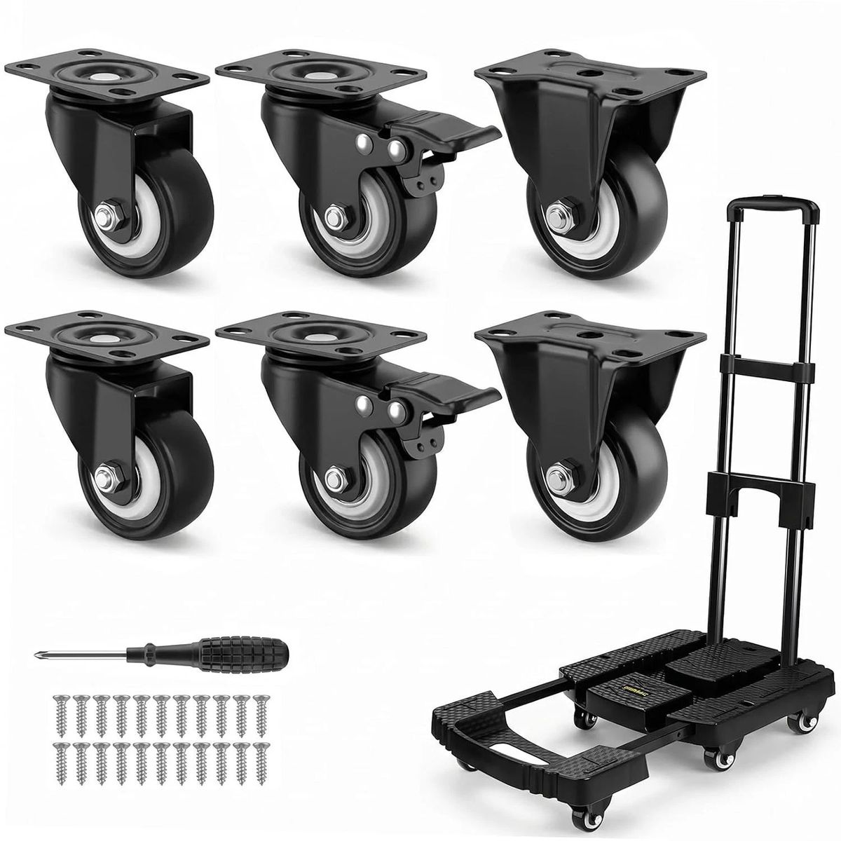 2 Inch Caster Wheel Set (6) Replacement Kit for 6-Wheel Hand Truck, Swivel Fixed
