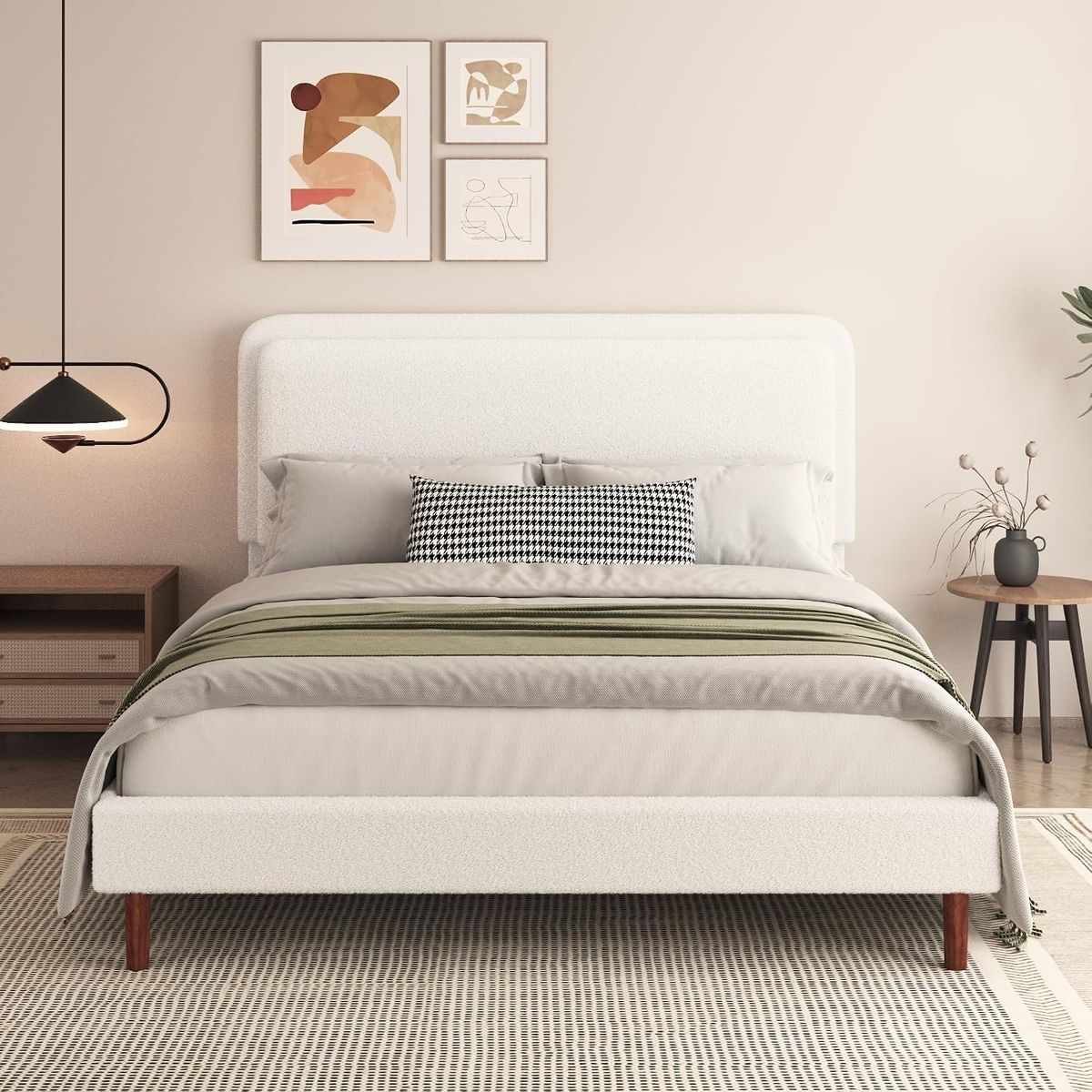 Queen Size Boucle Platform Bed Frame with Adjustable Headboard