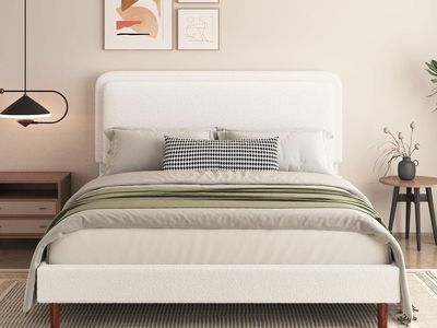Queen Size Boucle Platform Bed Frame with Adjustable Headboard