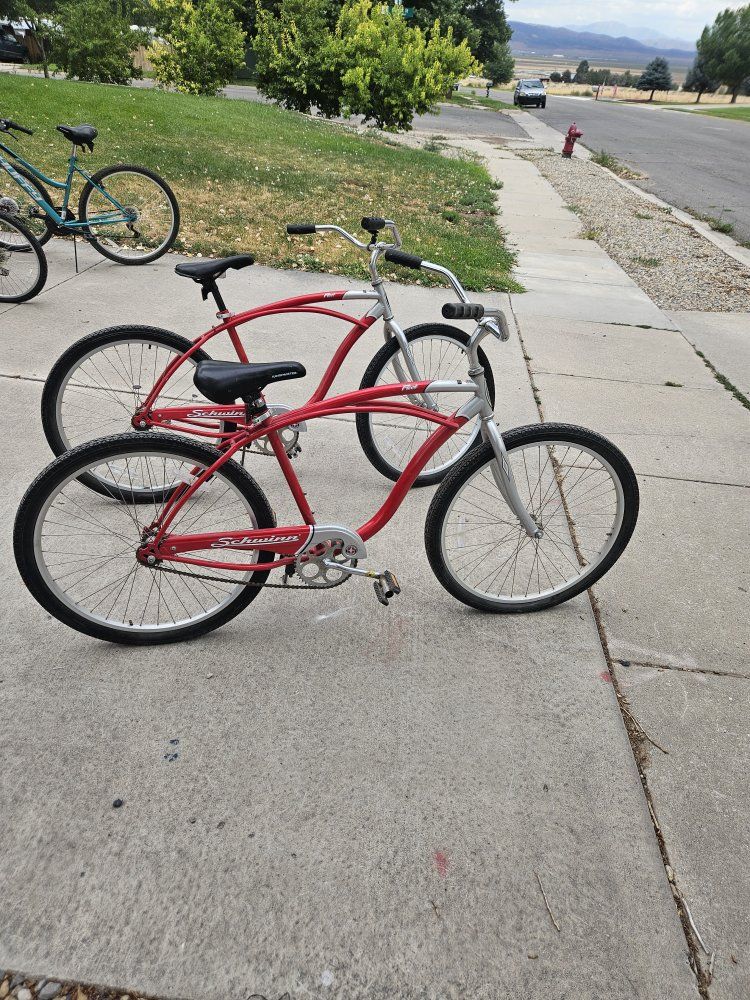 Schwinn Cruiser Bikes - Red & Silver Set of 2, Classic Beach Cruisers for Casual Rides