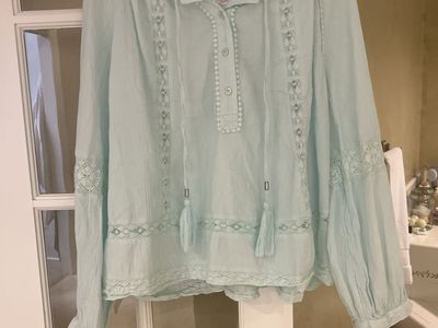 Chico's Light Blue Long Sleeve Lace Inset Boho Peasant Blouse Size 4 in Chico sizing (20-22 W)