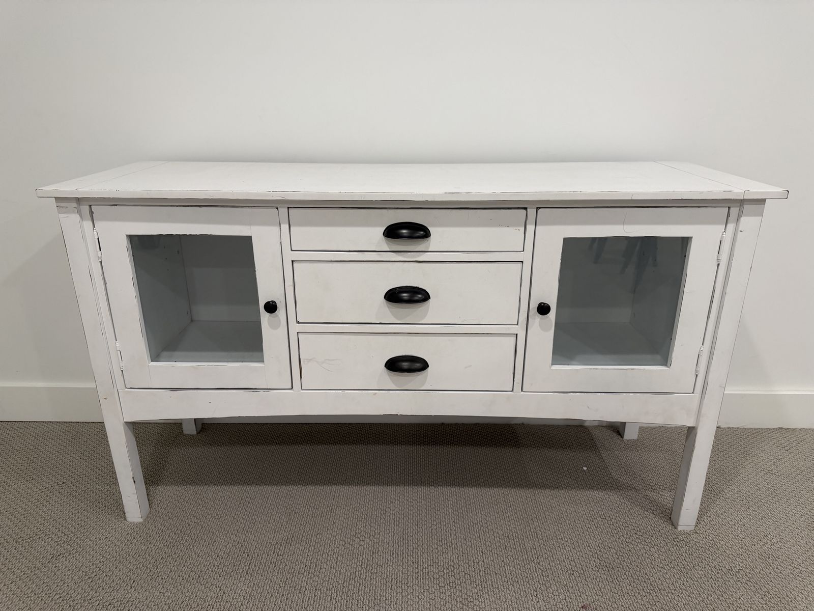 Rustic White Buffet Cabinet Sideboard w/ Glass Doors & 3 Drawers - Distressed Finish