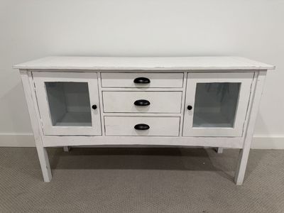 Rustic White Buffet Cabinet Sideboard w/ Glass Doors & 3 Drawers - Distressed Finish