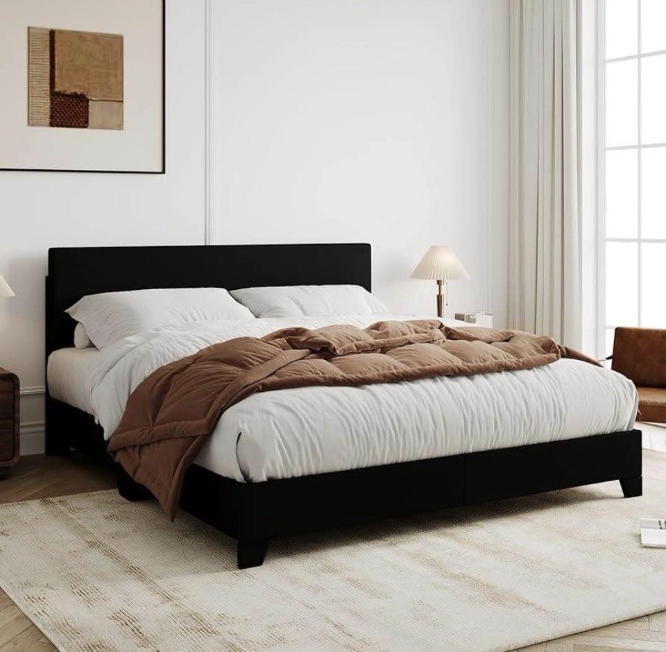 New Black Leather Full Platform Bed Frame