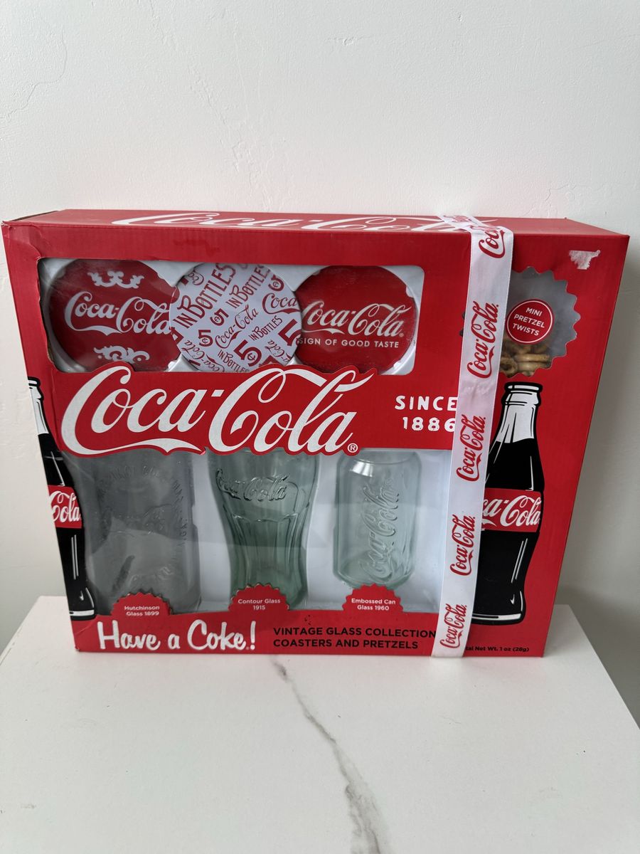 Coca-Cola Vintage Glass Collection with 3 Glasses, Coasters, and Mini Pretzels (New, Sealed)
