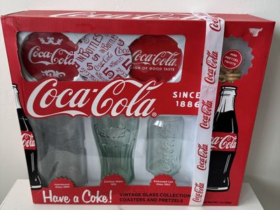 Coca-Cola Vintage Glass Collection with 3 Glasses, Coasters, and Mini Pretzels (New, Sealed)