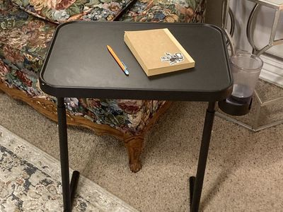 Adjustable Portable Snack Table TV Tray with Cupholder - Brown/Black