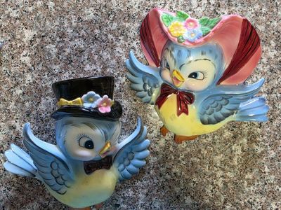 Vintage Geo. Z. Lefton 283 Ceramic Blue Bird Wall Planter Pair Hand Painted Japan