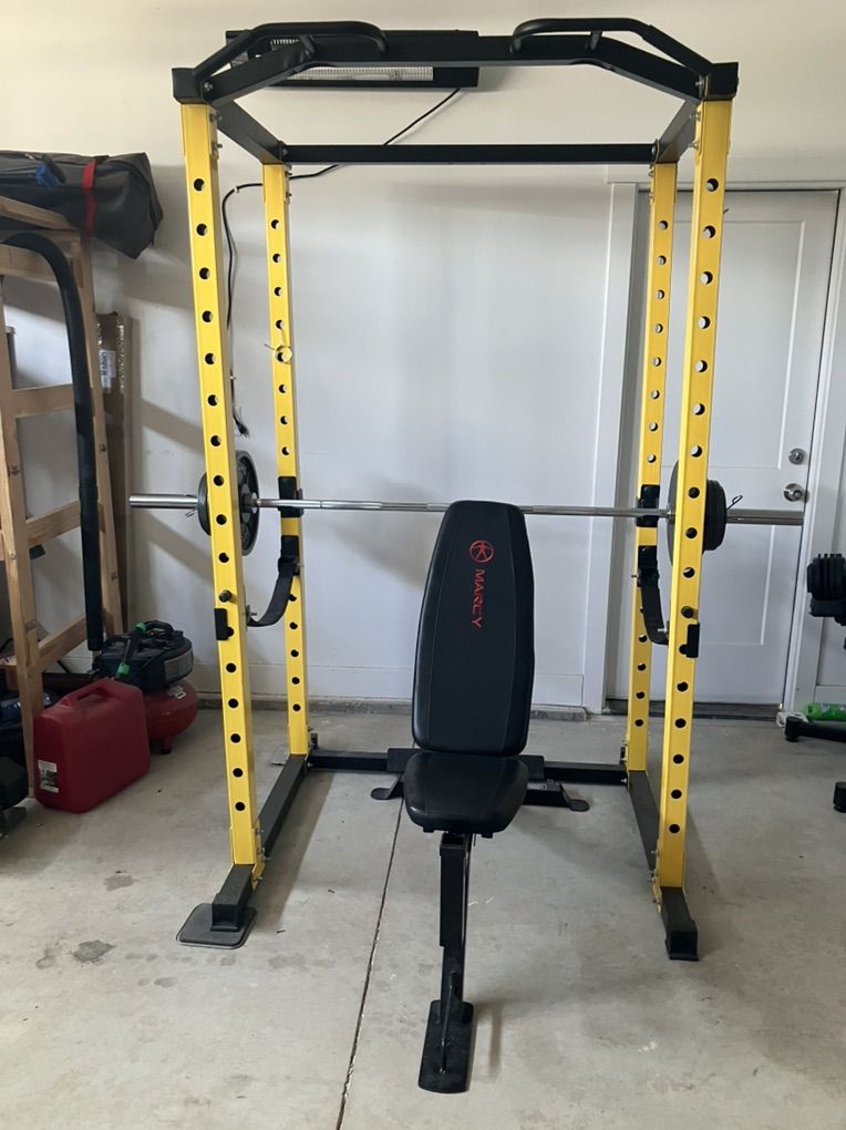Squat rack + bench + dumbbells