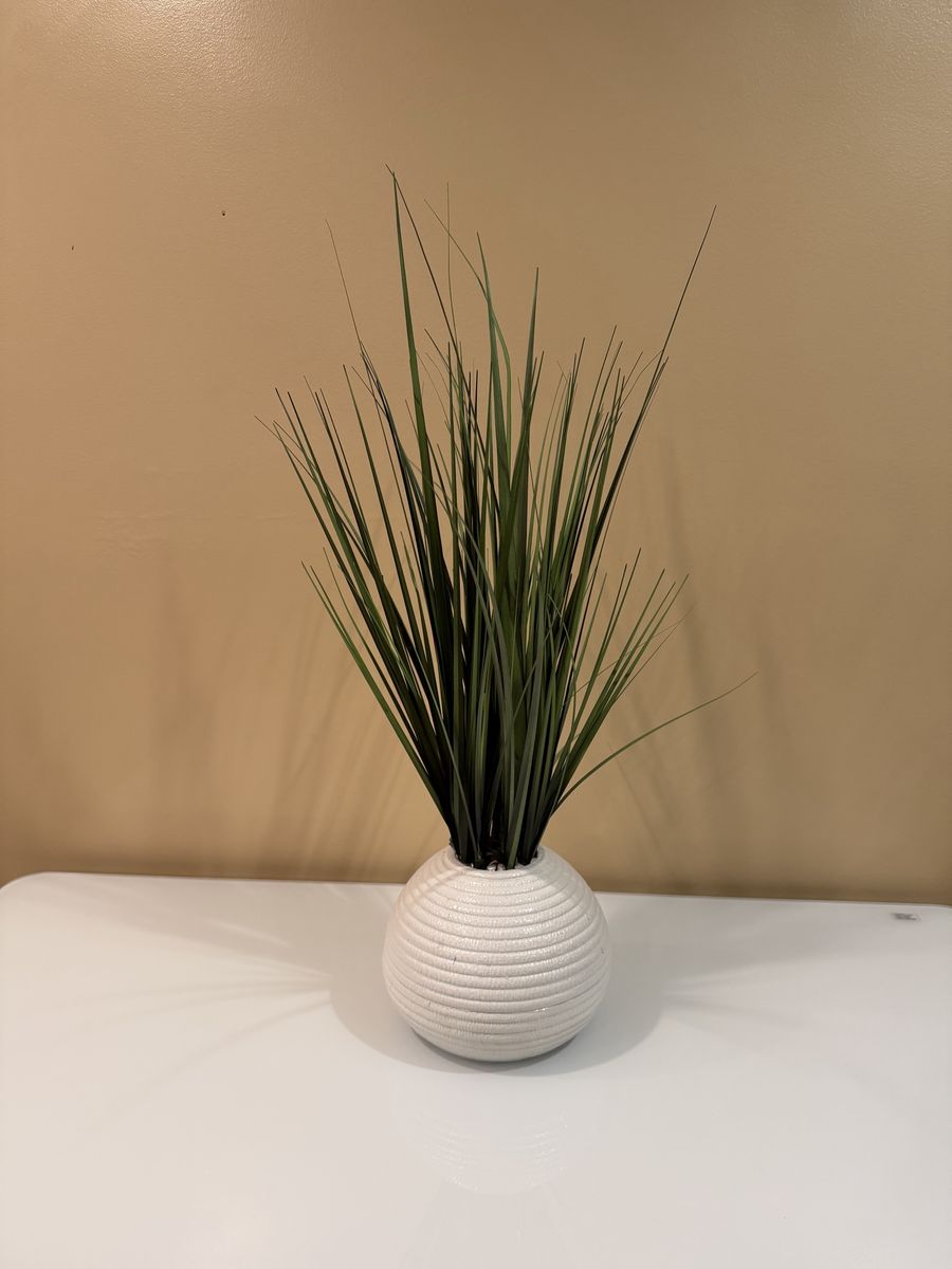 Artificial Plant Decor in White Textured Round Pot - Green Faux Grass for Home Decor