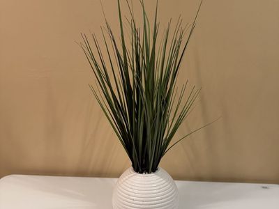 Artificial Plant Decor in White Textured Round Pot - Green Faux Grass for Home Decor