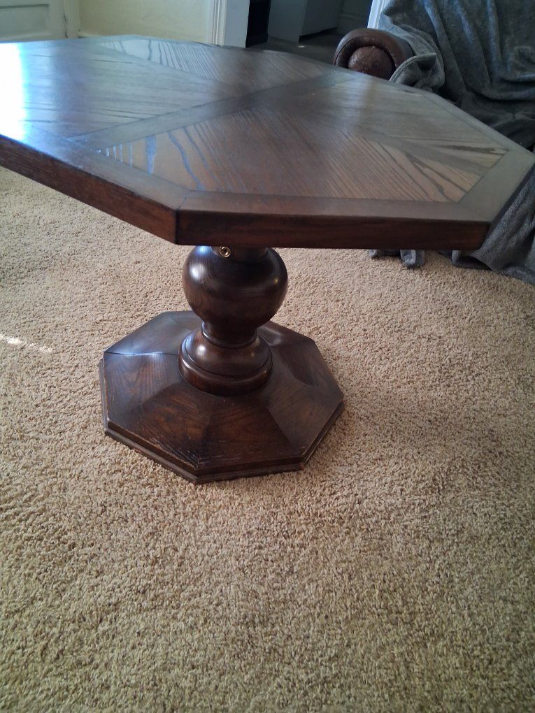 Octagon Wooden End Table, Pedestal Base, Dark Wood Finish