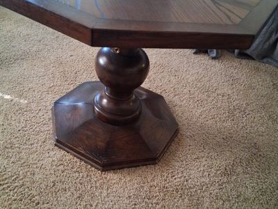 Octagon Wooden End Table, Pedestal Base, Dark Wood Finish