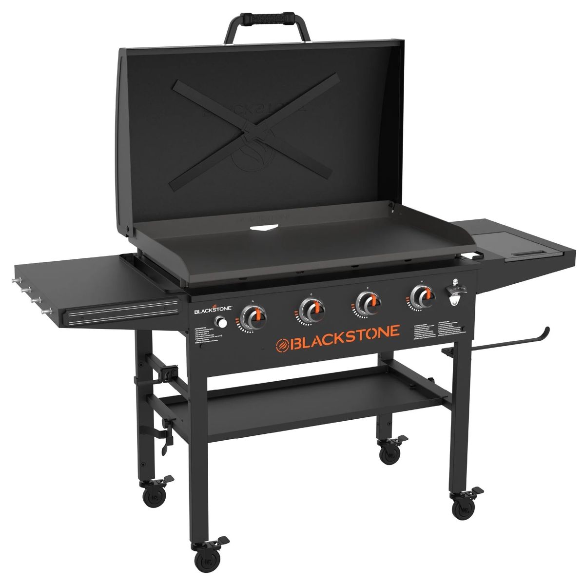 Nearly new Blackstone 4-Burner Outdoor Gas Griddle with Hard Cover and Side Shelves