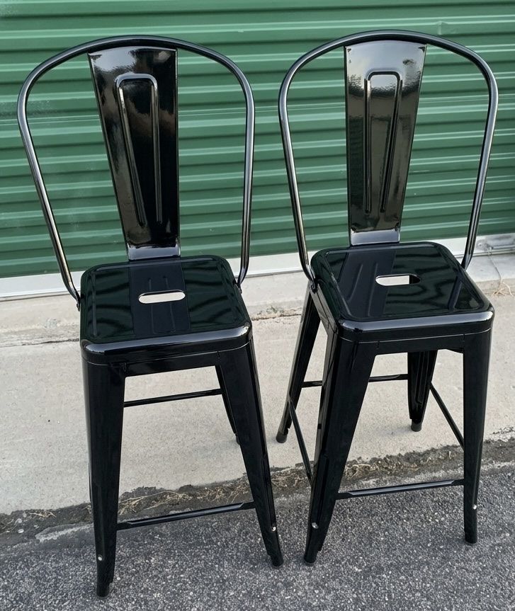 Set of 2 Black Metal Bar Stools with Backs - Industrial Counter Height Chairs