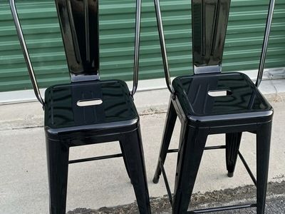 Set of 2 Black Metal Bar Stools with Backs - Industrial Counter Height Chairs