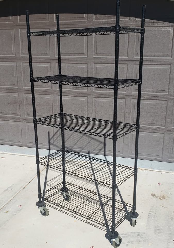Black 5 tier Metal Wire Shelves with Wheels