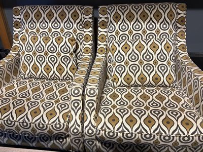 2 Mid-Century Modern Patterned Accent Armchairs with Matching Pillows