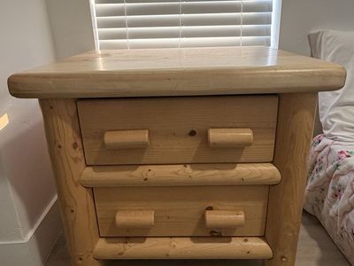 Rustic Log Furniture Nightstand & Dresser - Pine Wood 2-Drawer Nightstand & 5-Drawer Dresser