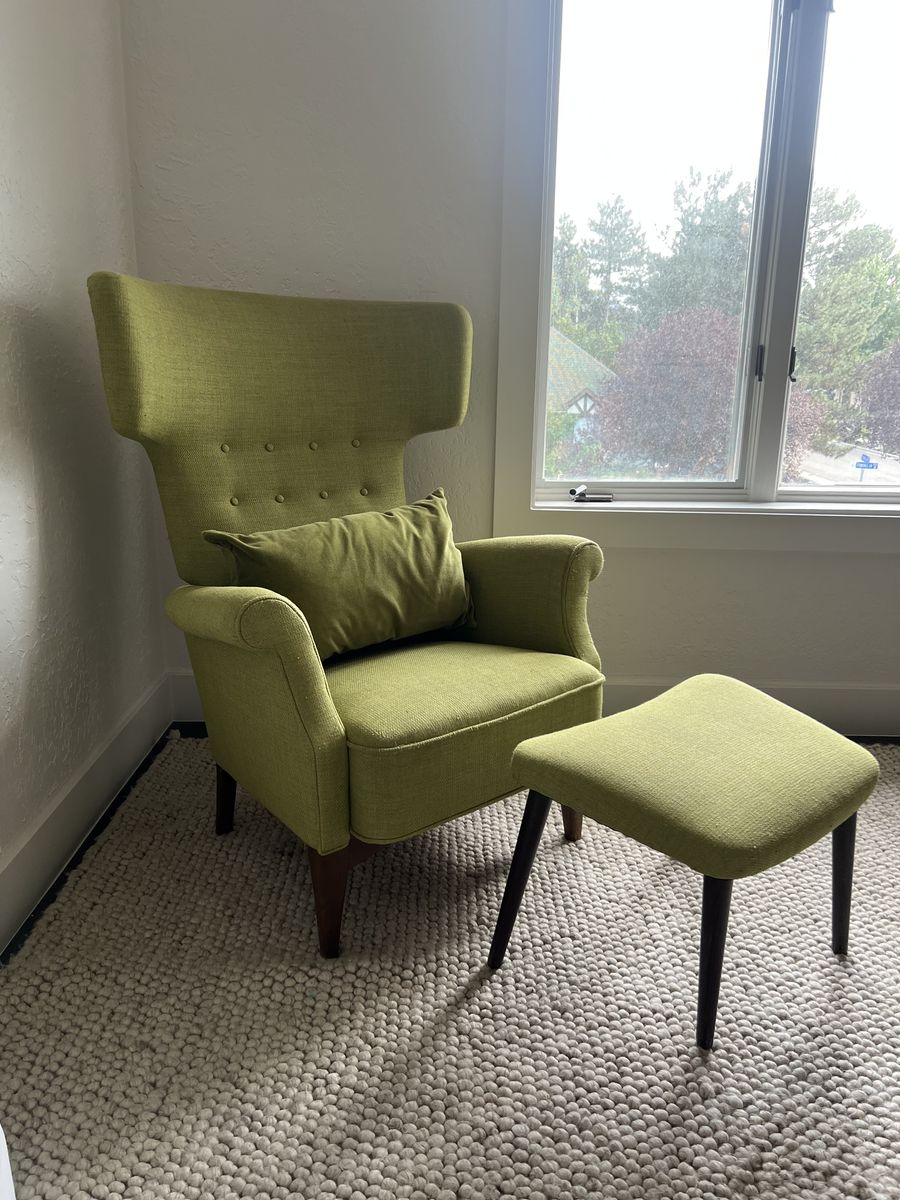 vintage mid-century high-back armchair - green textured wool upholstery and classic button tufting