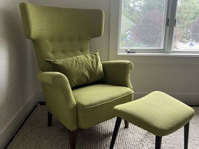 vintage mid-century high-back armchair - green textured wool upholstery and classic button tufting