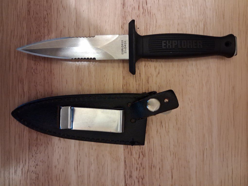 Vintage Explorer 21-040K Boot Knife 440 Stainless Japan Double Edge Serrated with Leather Sheath