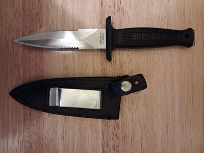 Vintage Explorer 21-040K Boot Knife 440 Stainless Japan Double Edge Serrated with Leather Sheath