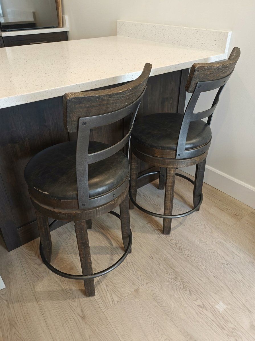 2 Distressed Wood & Metal Swivel Bar Stools with Leather Seats - Counter Height Seating