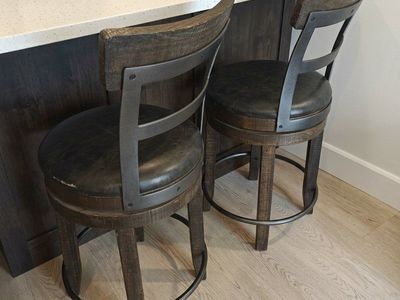 2 Distressed Wood & Metal Swivel Bar Stools with Leather Seats - Counter Height Seating