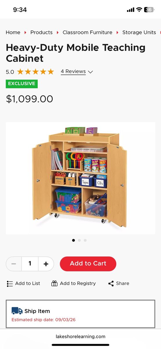 Lakeshore Learning Heavy-Duty Mobile Teaching Cabinet - Classroom Storage Unit