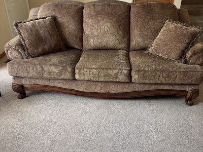 3-piece Brown Paisley Living Room Set (Sofa, Loveseat, Chair). Ornate Wood Trim, excellent condition.