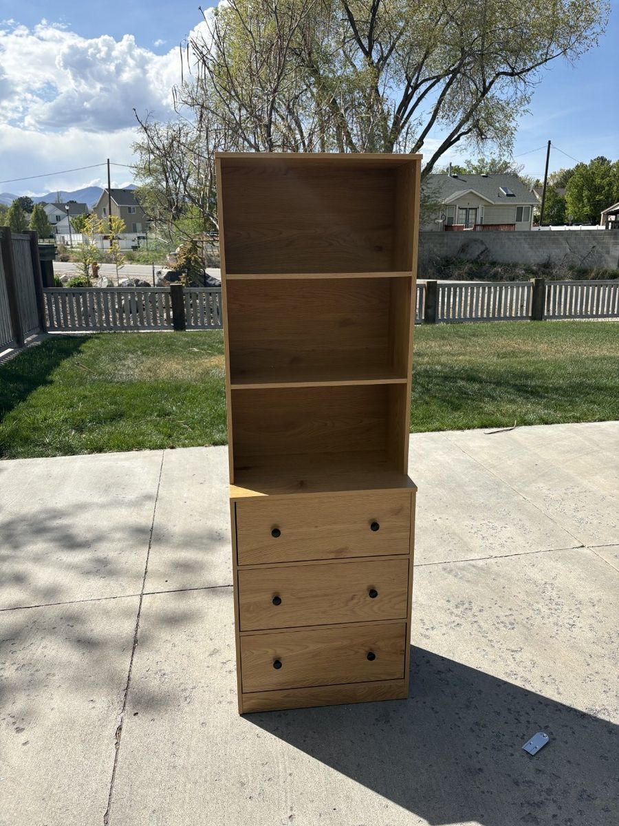71” Bookshelf with 3 Drawers – Light Oak Storage Shelf