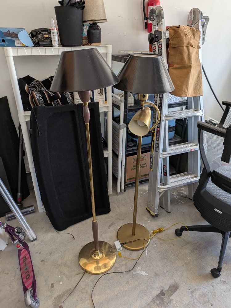 Vintage Brass Torchiere Floor Lamp with Reading Light & Black Shade, Mid-Century Style