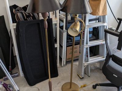Vintage Brass Torchiere Floor Lamp with Reading Light & Black Shade, Mid-Century Style