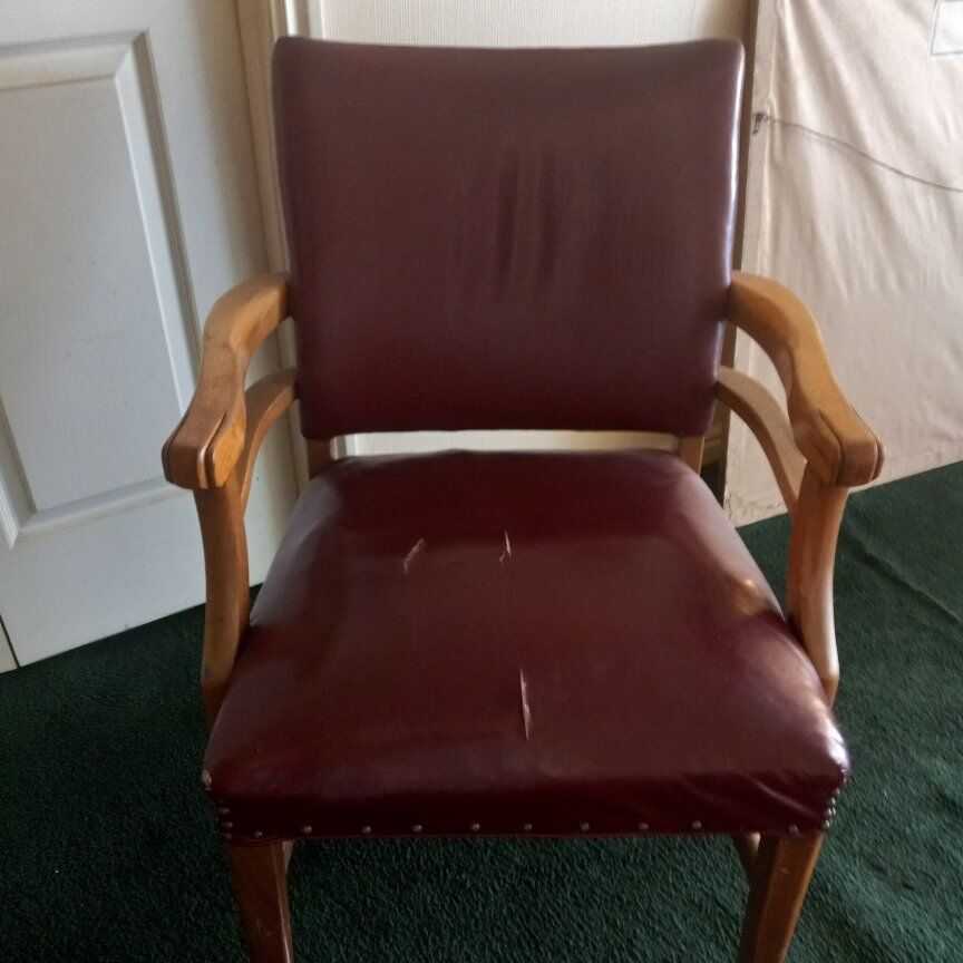 1940's LEATHER/WOOD ARM CHAIR. " PRICE DROP "