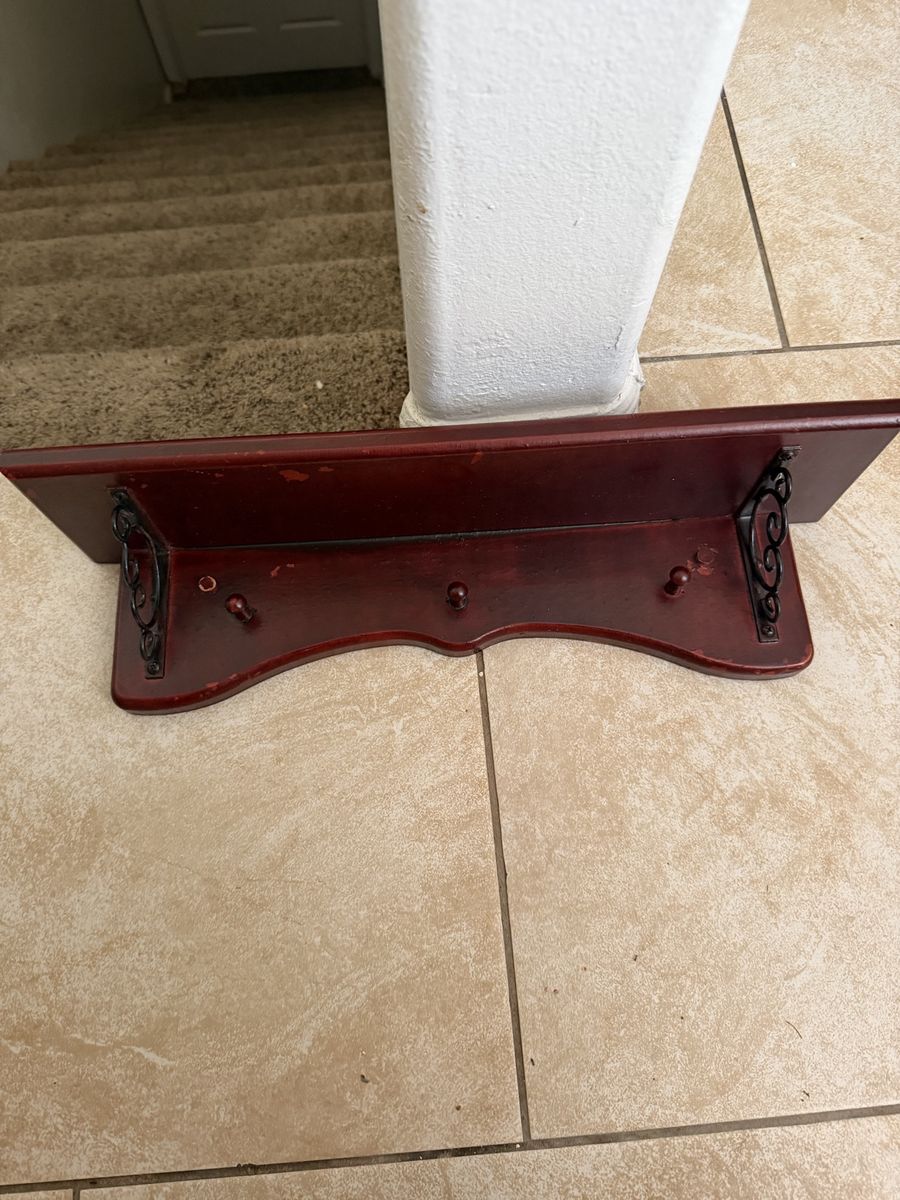 Vintage Style Mahogany Wooden Wall Shelf with Hooks and Scroll Brackets