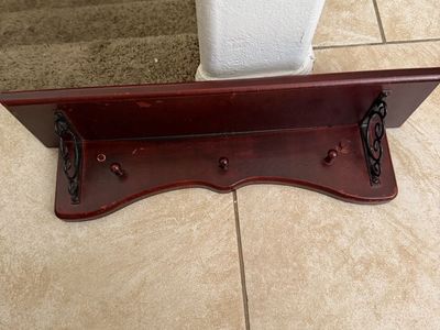 Vintage Style Mahogany Wooden Wall Shelf with Hooks and Scroll Brackets