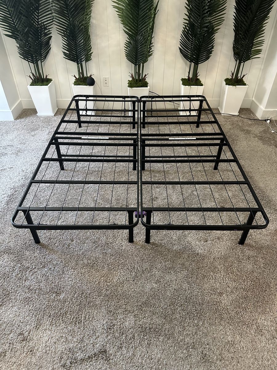 Purple Platform Bed Frame - Queen Size, Black Steel, Foldable