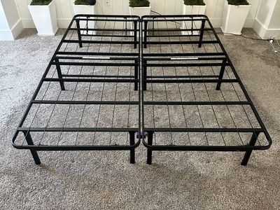 Purple Platform Bed Frame - Queen Size, Black Steel, Foldable