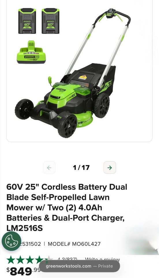 Greenworks 60V 25” Cordless Lawn Mower – 2 Batteries and extra blades