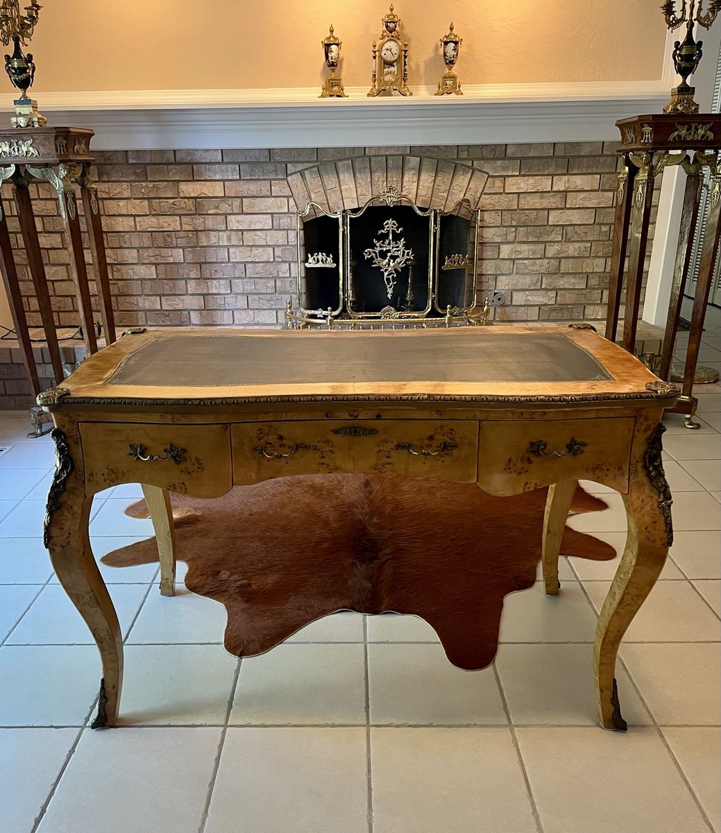 Antique Burl Wood & Bronze Bureau Plat Desk with Leather Top - Ornate Carved Legs