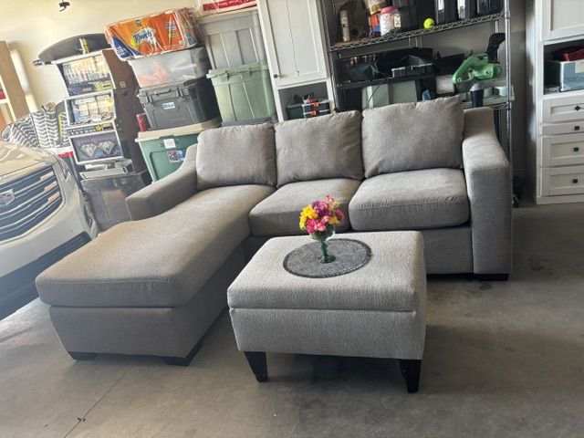 Gray Polyester Fiber Couch with attached Lounge & Ottoman