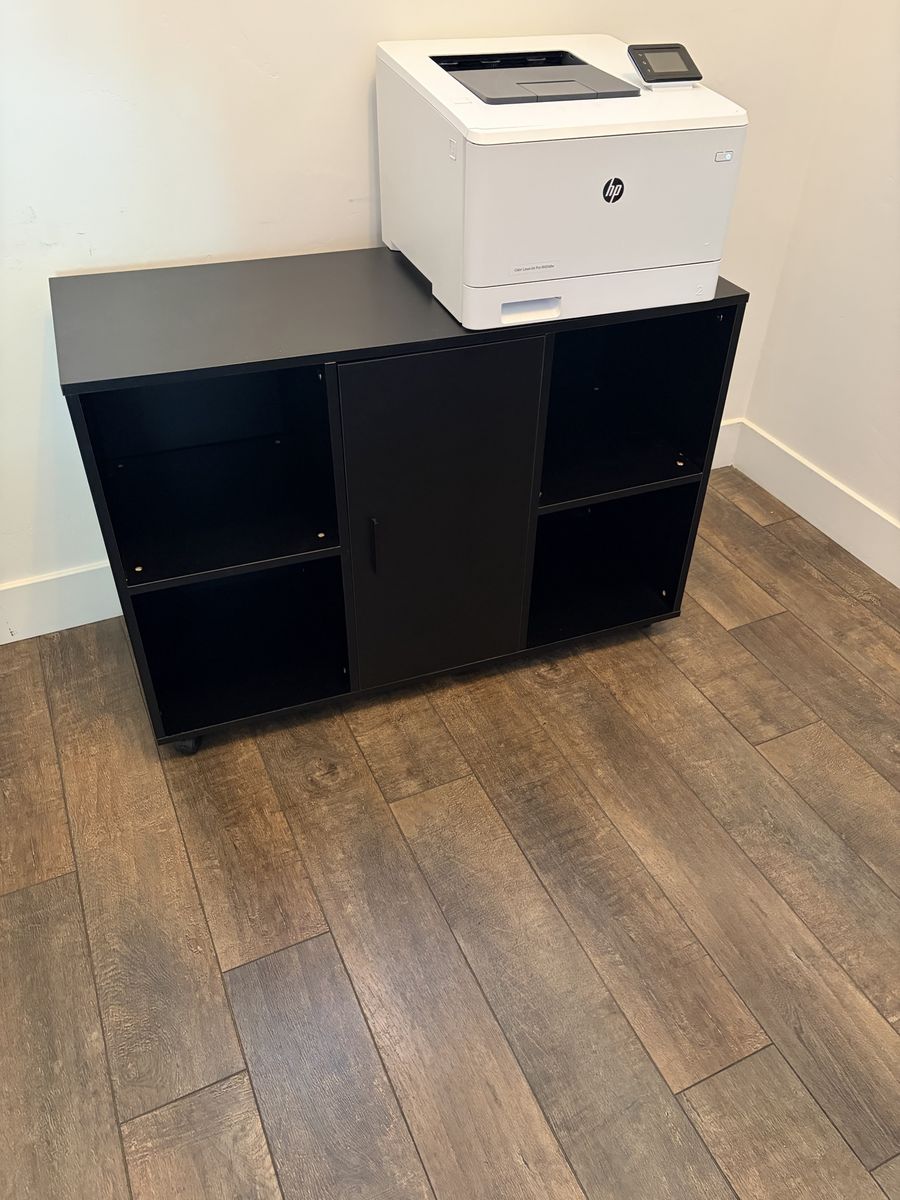 Black Office Storage Cabinet with Wheels and Open Shelving