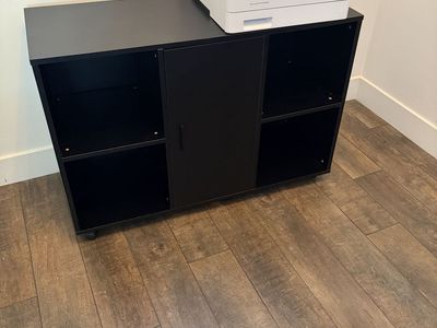 Black Office Storage Cabinet with Wheels and Open Shelving