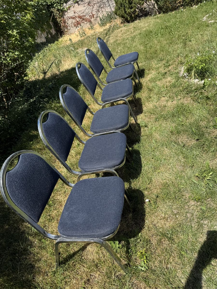 Set of 6 Commercial Stacking Banquet Chairs, Blue Fabric & Chrome Frame