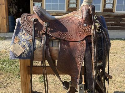 Tips Tooled Leather Western Saddle - 15.5" Seat, 3x3 Horn