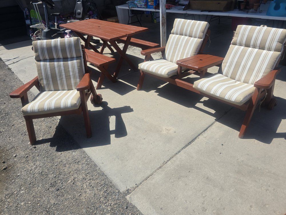 Outdoor patio set redwood picnic table benches