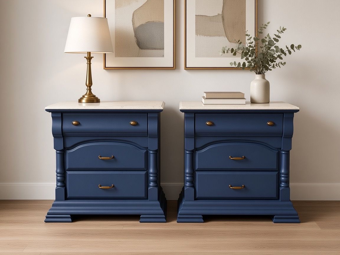 Set of 2 Blue Nightstands with Marble Tops and Three Drawers